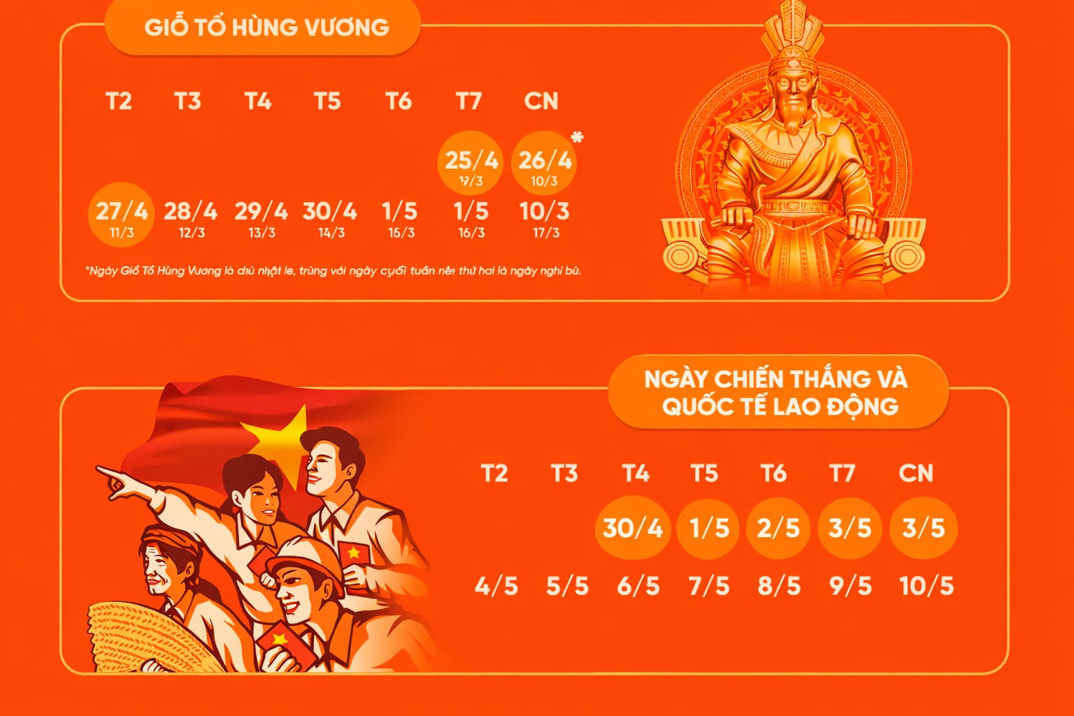 Lịch nghỉ lễ giỗ tổ Hùng Vương và 30/04 được nghỉ 9 ngày