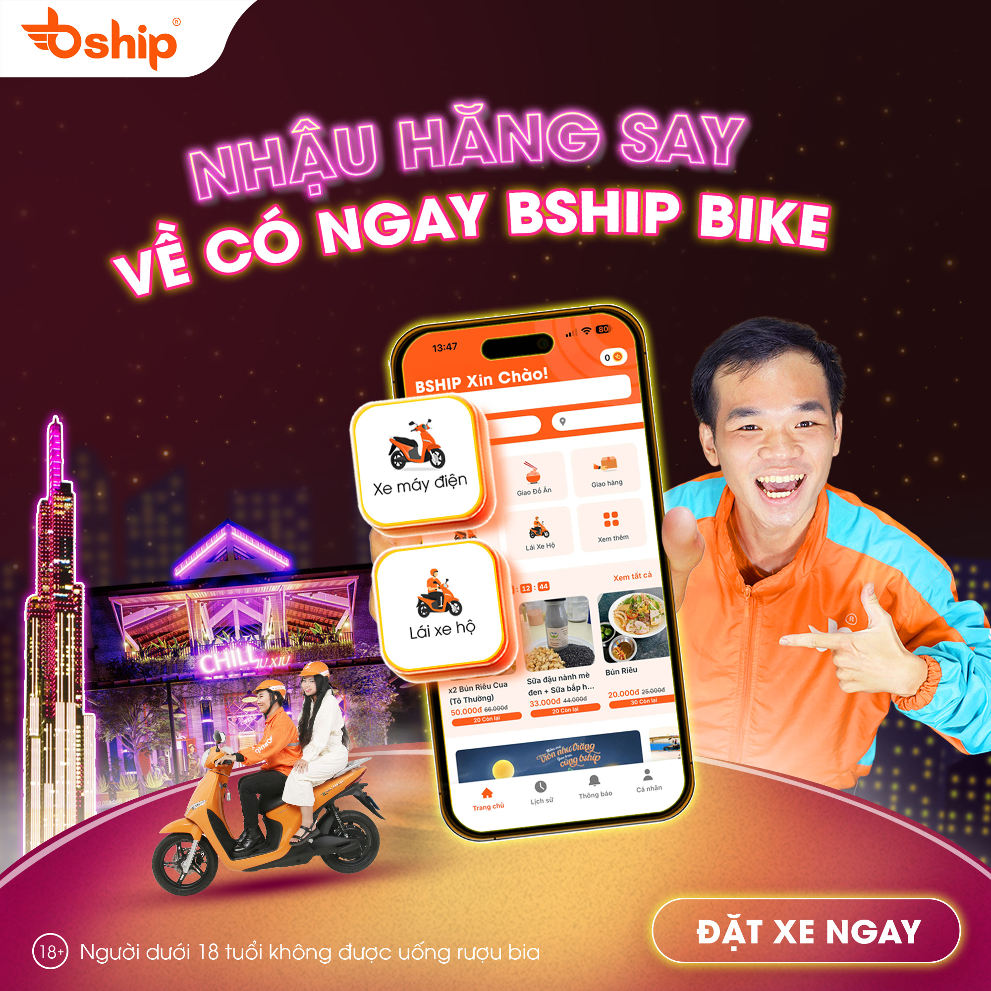 Bship Bike chở bạn sau khi đi bar club về nhà an toàn