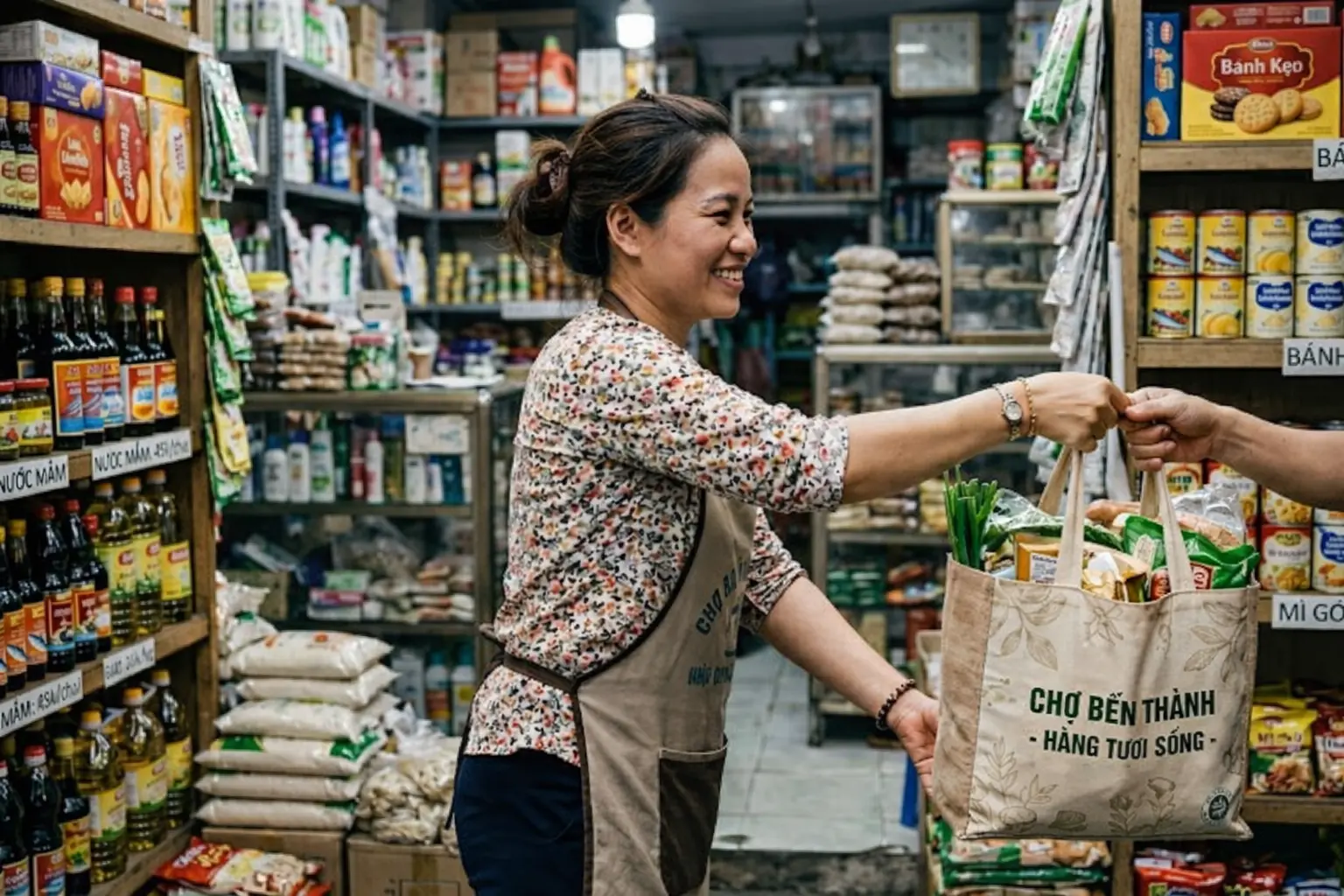 Chủ tiệm tạp hóa đang giao hàng