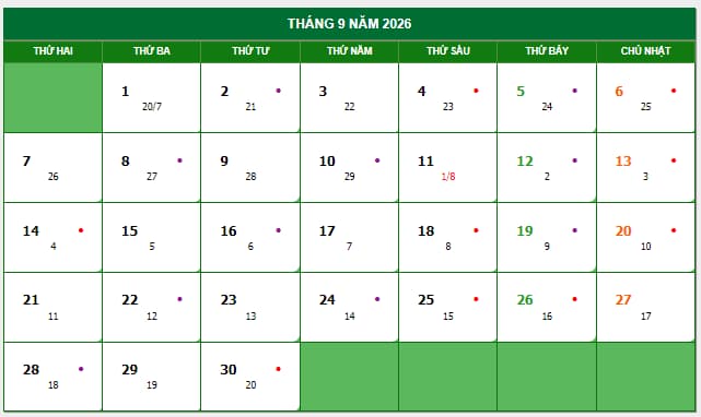 lịch nghỉ Tết Trung Thu năm 2026